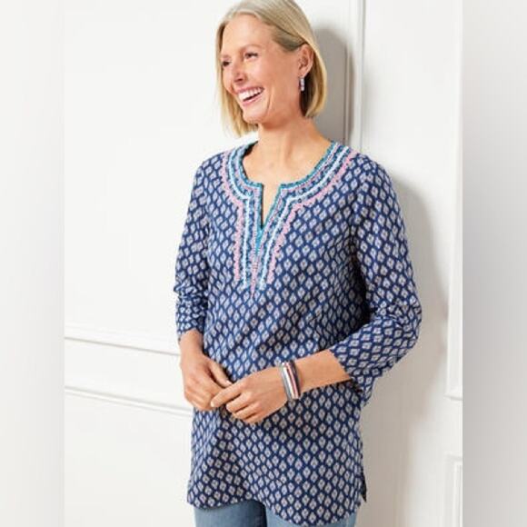TALBOTS | Blue Boho Embroidered Tunic Top 100% Cotton | Size Medium - Picture 2 of 7